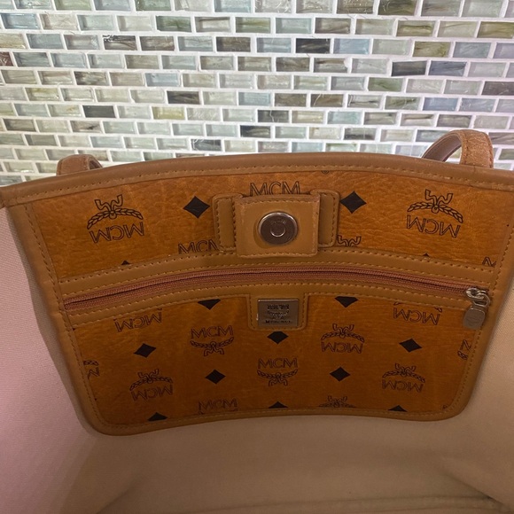 MCM Cognac Visetos Monogram Green Stripe Liz Shopper Tote - Picture 7 of 13